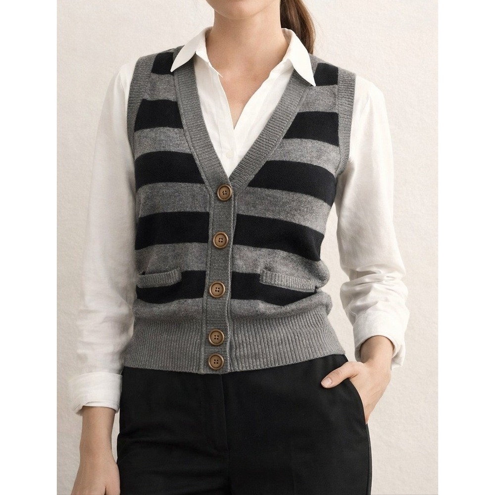 Academia Preppy Striped Easy Layering Sweater Vest Gray Bluheaven Womens S‎